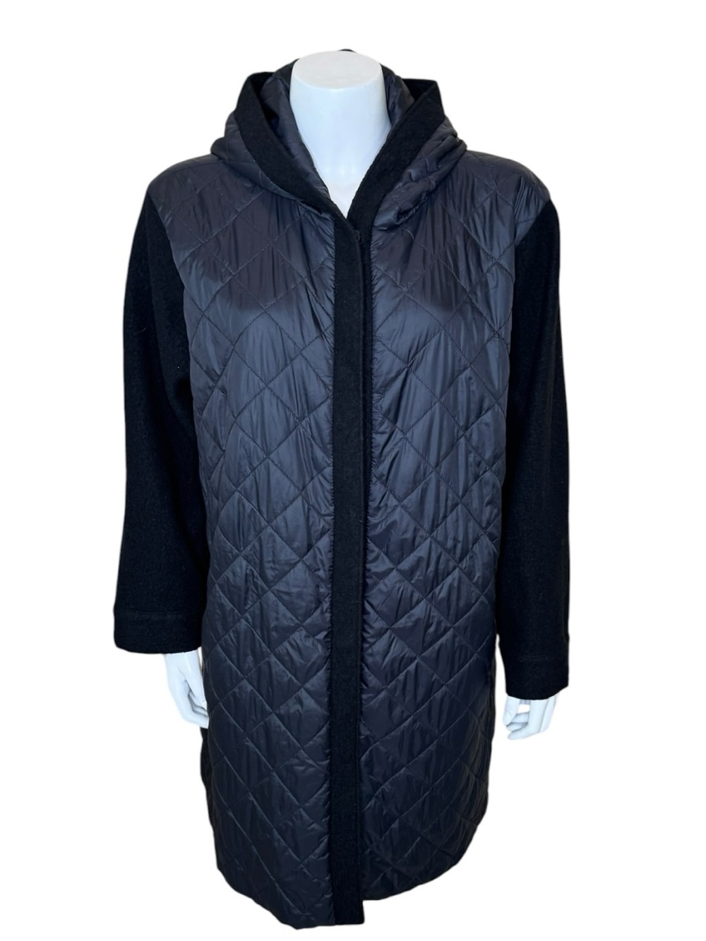 Eileen Fisher Quilted Mid-Length Jacket XL Hooded Nylon Wool Sleeve Snap Black